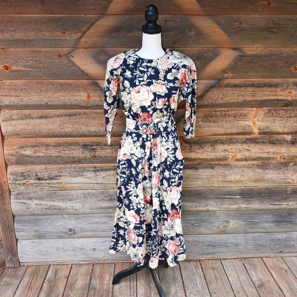 Vintage 80s Paquette Floral Puff‎ Sleeve Dress Size 8 Belted Midi Cottagecore
